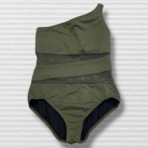Carmen Marc Valvo Olive Green Mesh Spliced One-shoulder One Piece Swimsuit